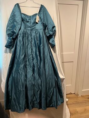 Zjizu Teal Satin Puff Sleeve Midi Dress Square Neck Button Front Long Sleeve